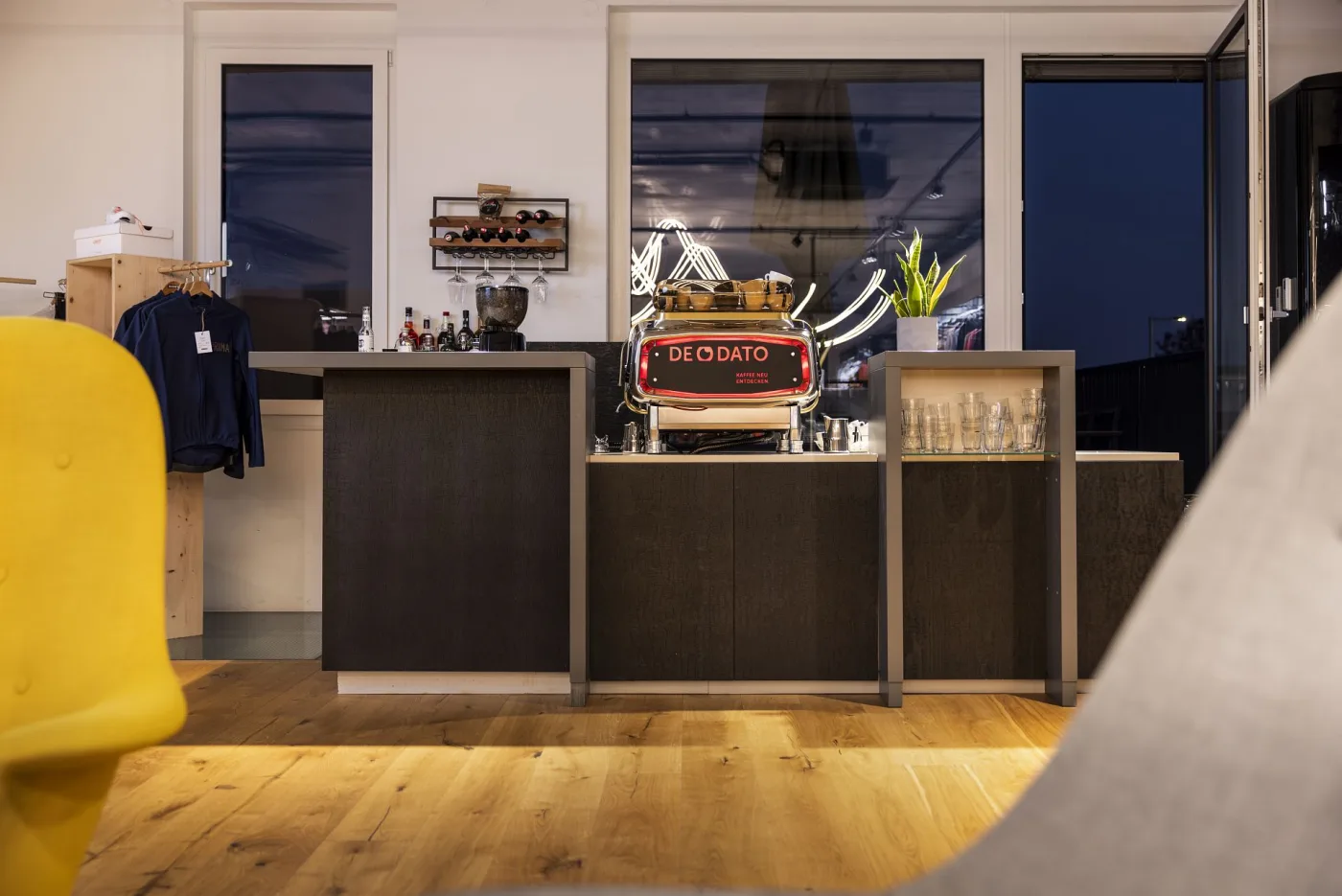The shop's back-office lounge with a coffee machine